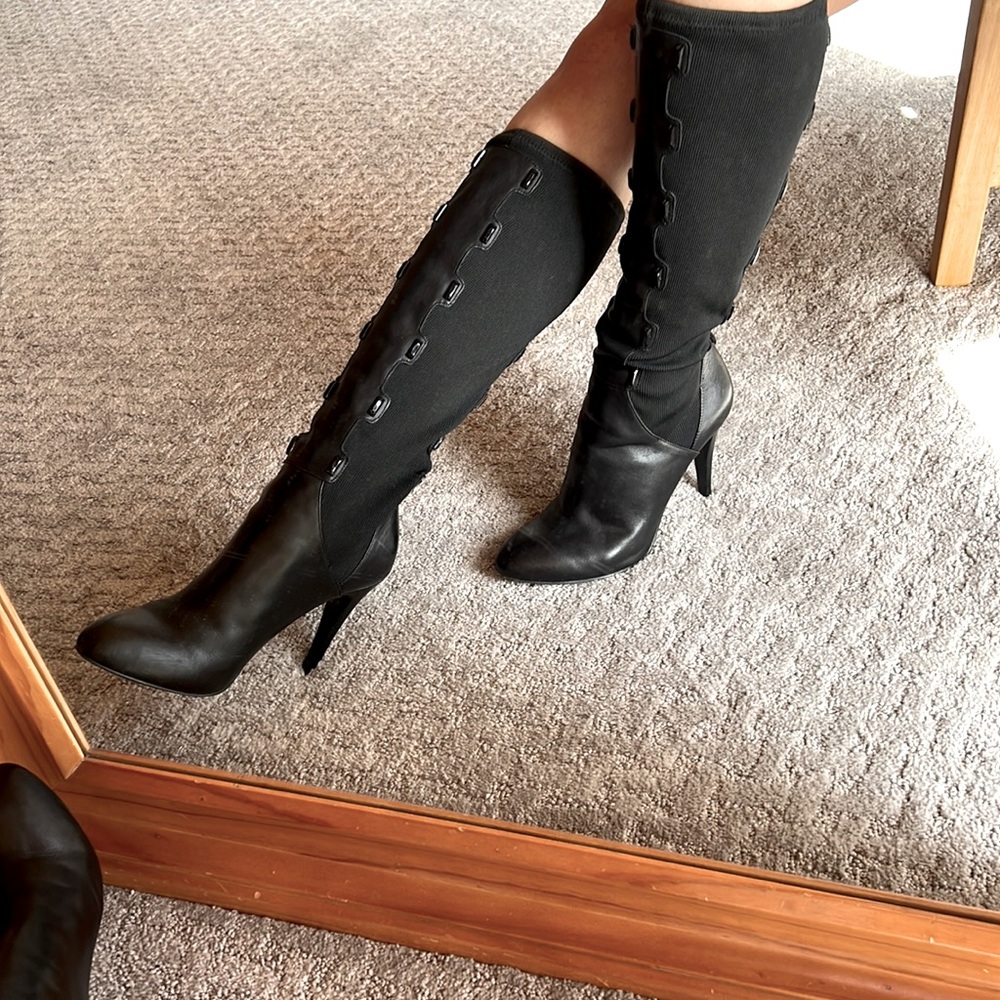Dressy Black Leather Heeled Boots - Size 8